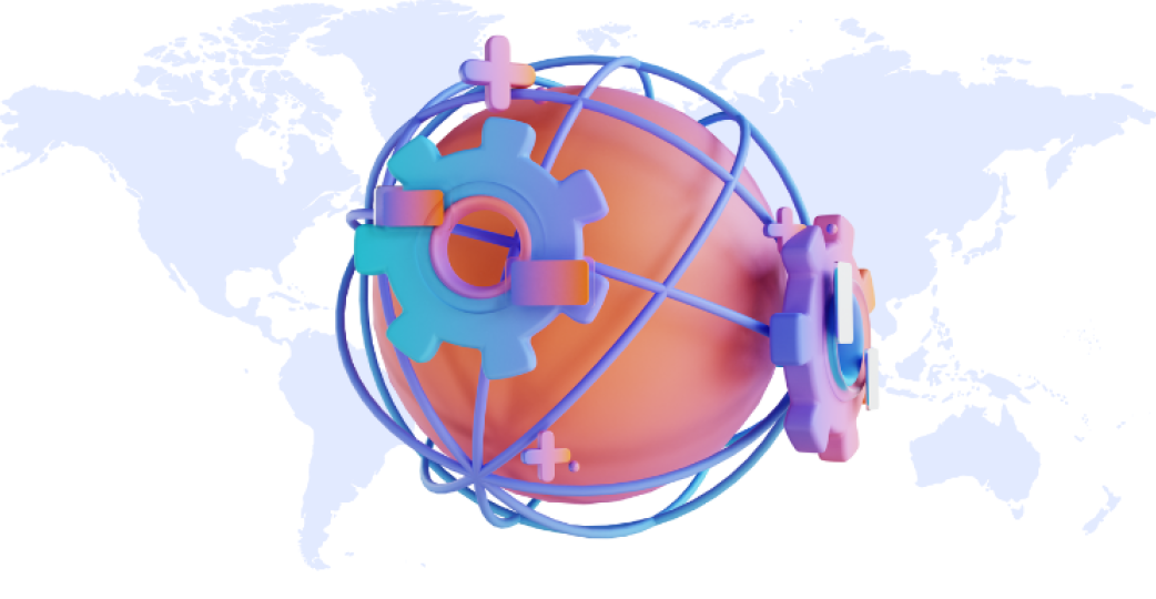 Transparent background with light blue world map with a light orange sphere and blue cage light and purple gears around sphere.