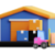 Transparent Background with a orange and blur barn and a pink and gray tracker right beside