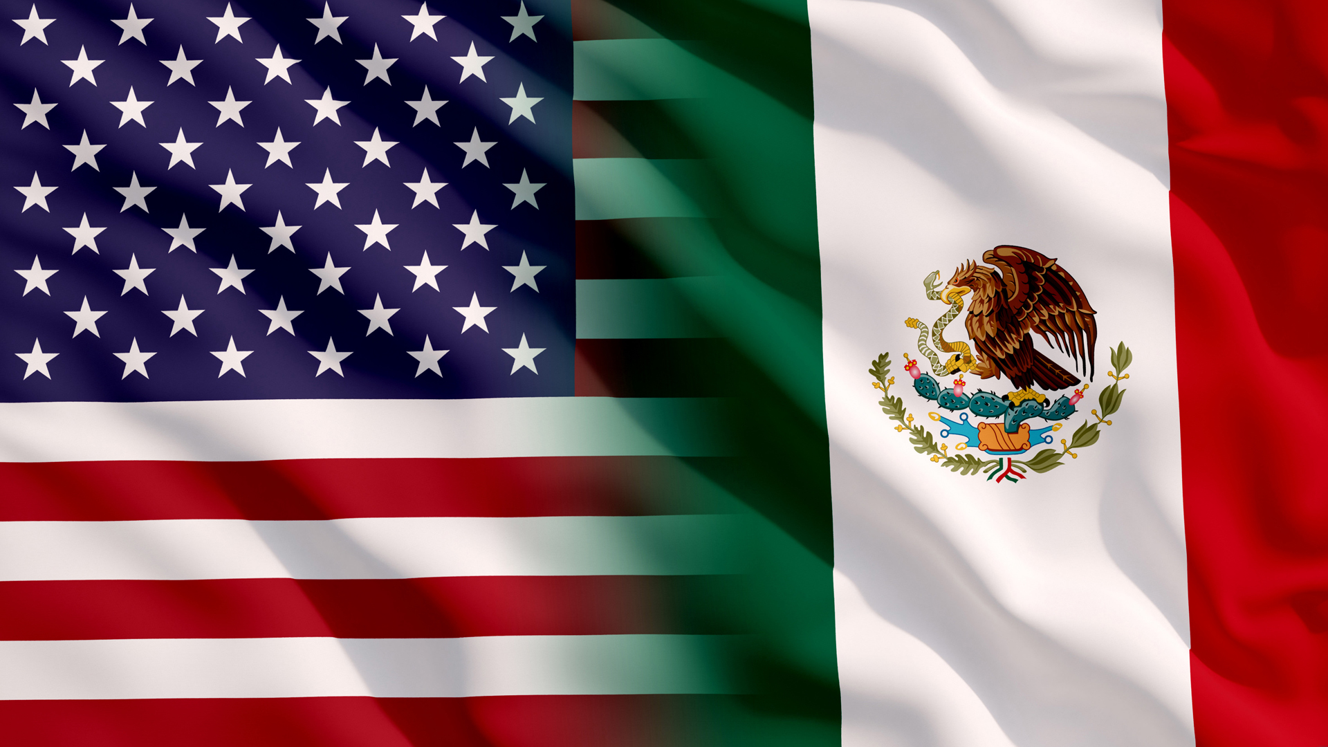 Wavy United States country flag merge with a wavy Mexico country flag graphic