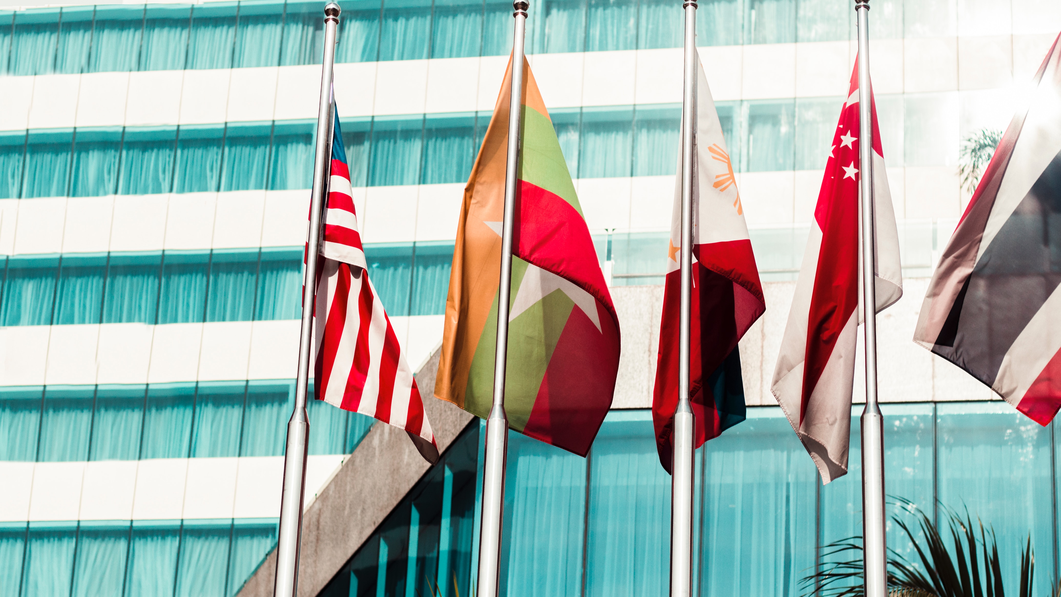 International flags in front of glass modern building