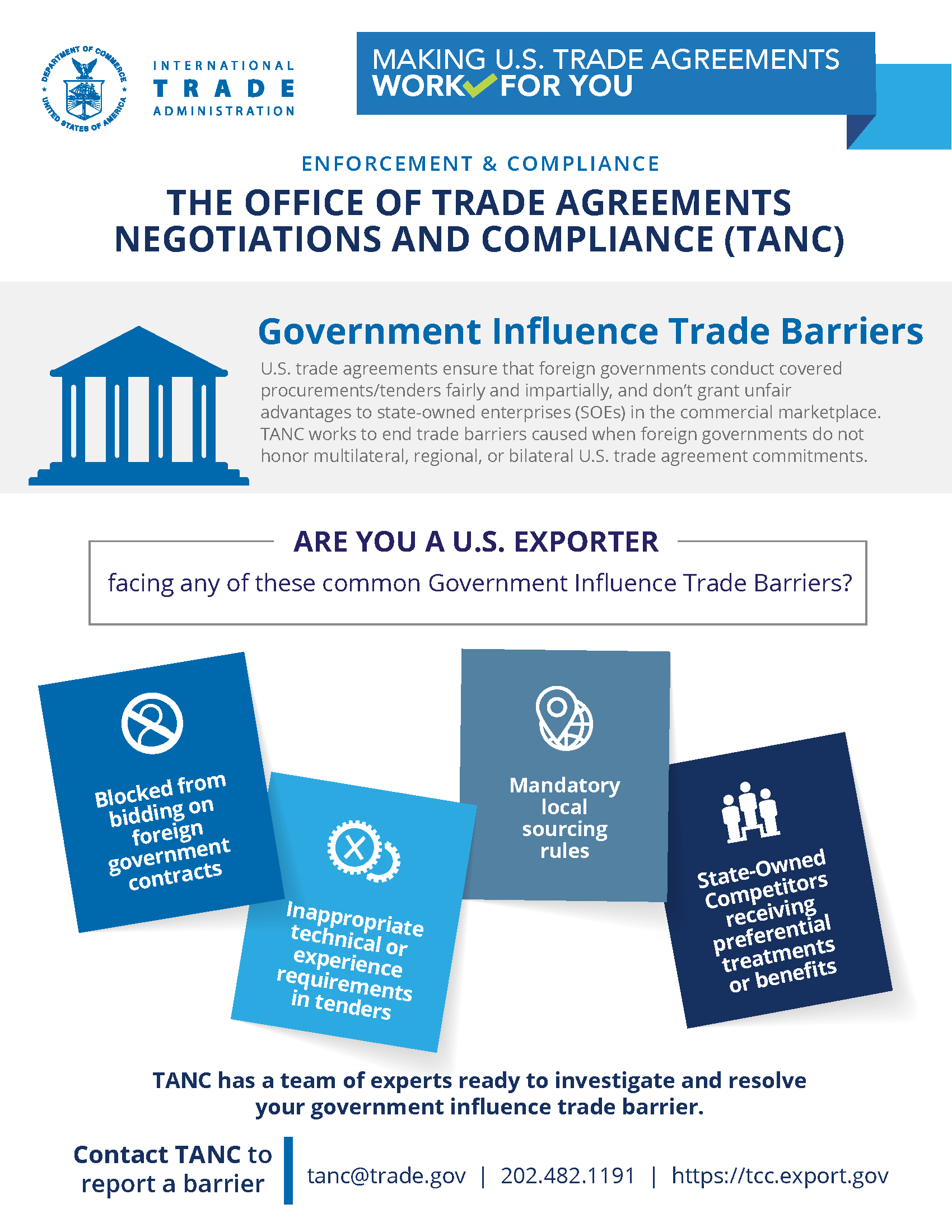 An infographic describing in plain English how to recognize when an exporter is facing a Government Influence barrier.