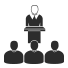 Illustration of a person speaking at a podium with three people below