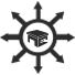 Illustration of a building in a circle with multiple arrows extending outward
