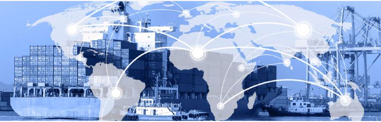 shipping port with world map overlay