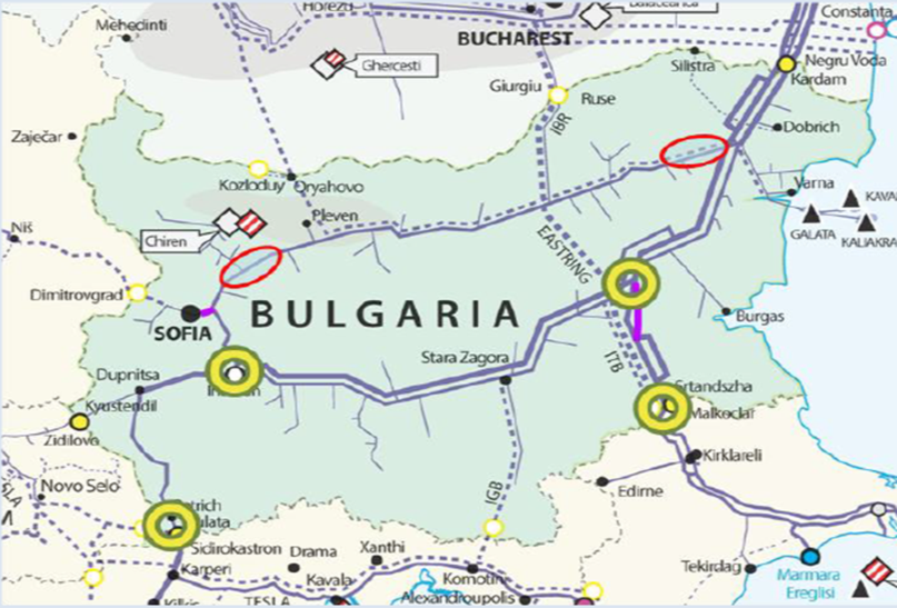 map of bulgaria showing 1)Rehabilitation and modernization of compressor stations, 2) Expansion of the existing network , 3)Rehabilitation and replacement of sections of the gas transmission network – 81 km   