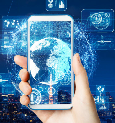 phone with global with overlay of digital icons