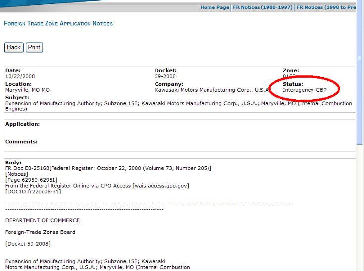 Sample Case Status Circled in Red in a Notice the FR Database