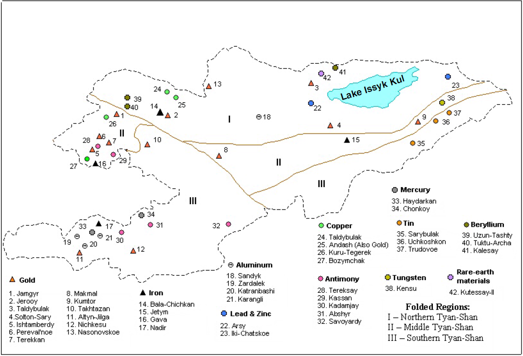 Map of Kyrgyz Republic with mining loctions for gold, copper, aluminium, tungsten, etc.