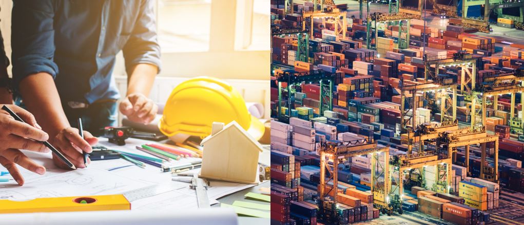 Architects and engineers working on design plans, next to a cargo handling facility