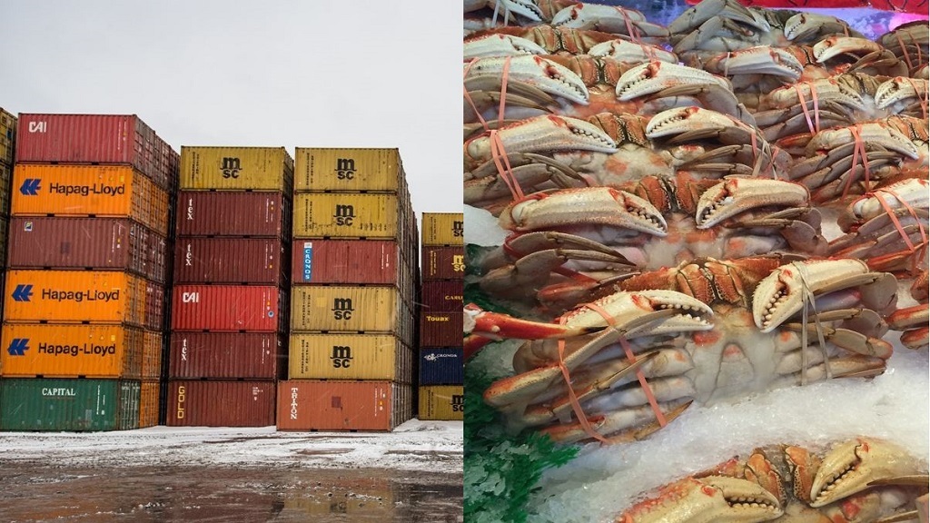 Piled cargo containers in cold climate, next to rows of frozen crab. 