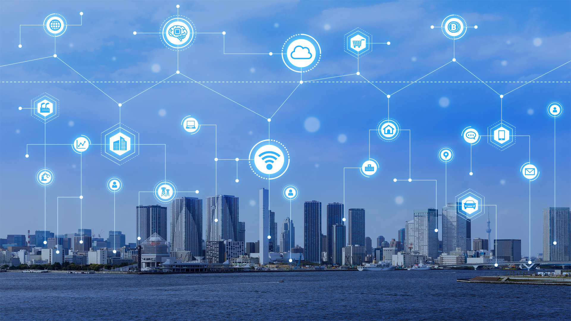 image of a city with blue sky and various cyber related icons