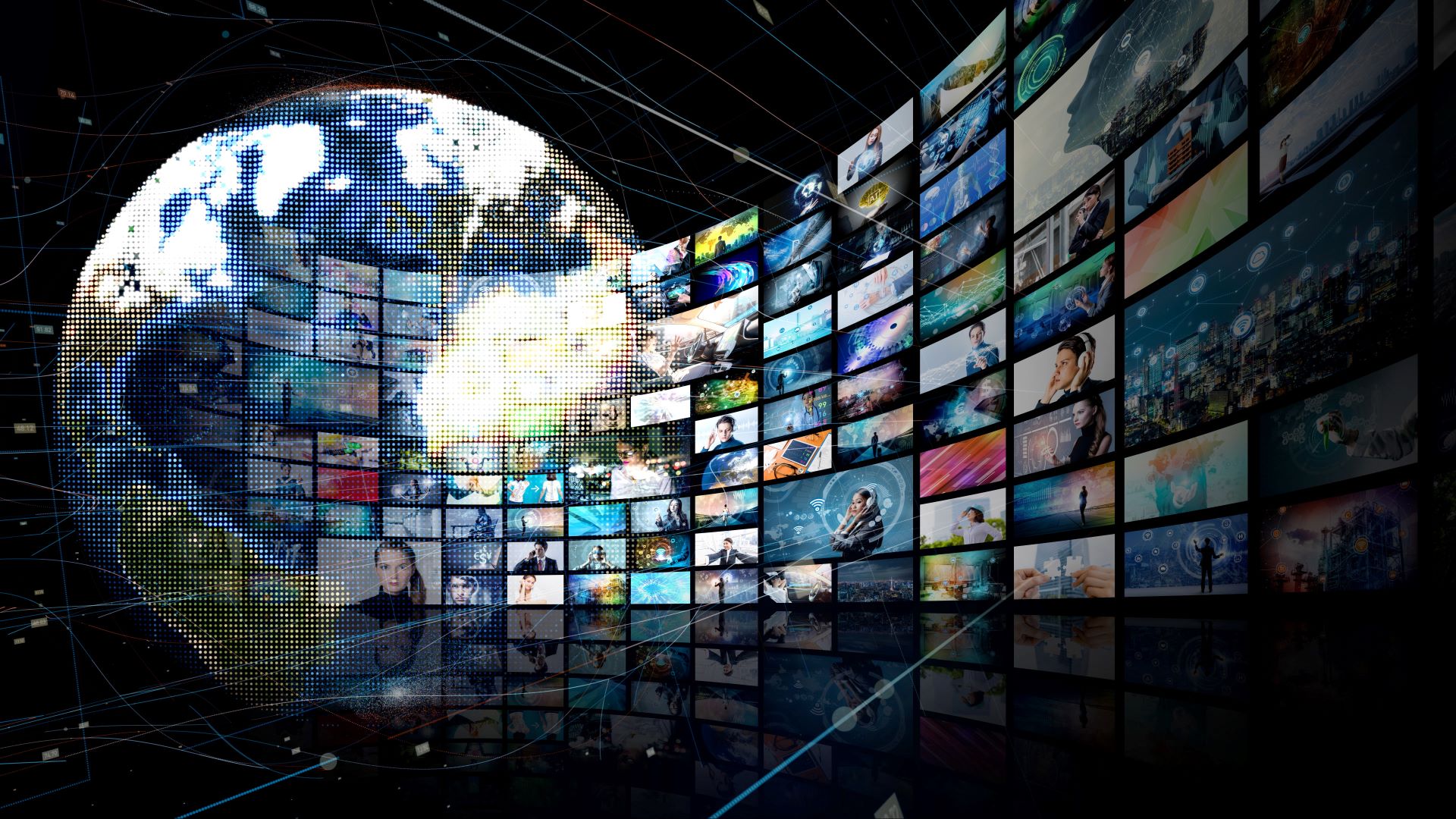 Collage of TV screens and globe 