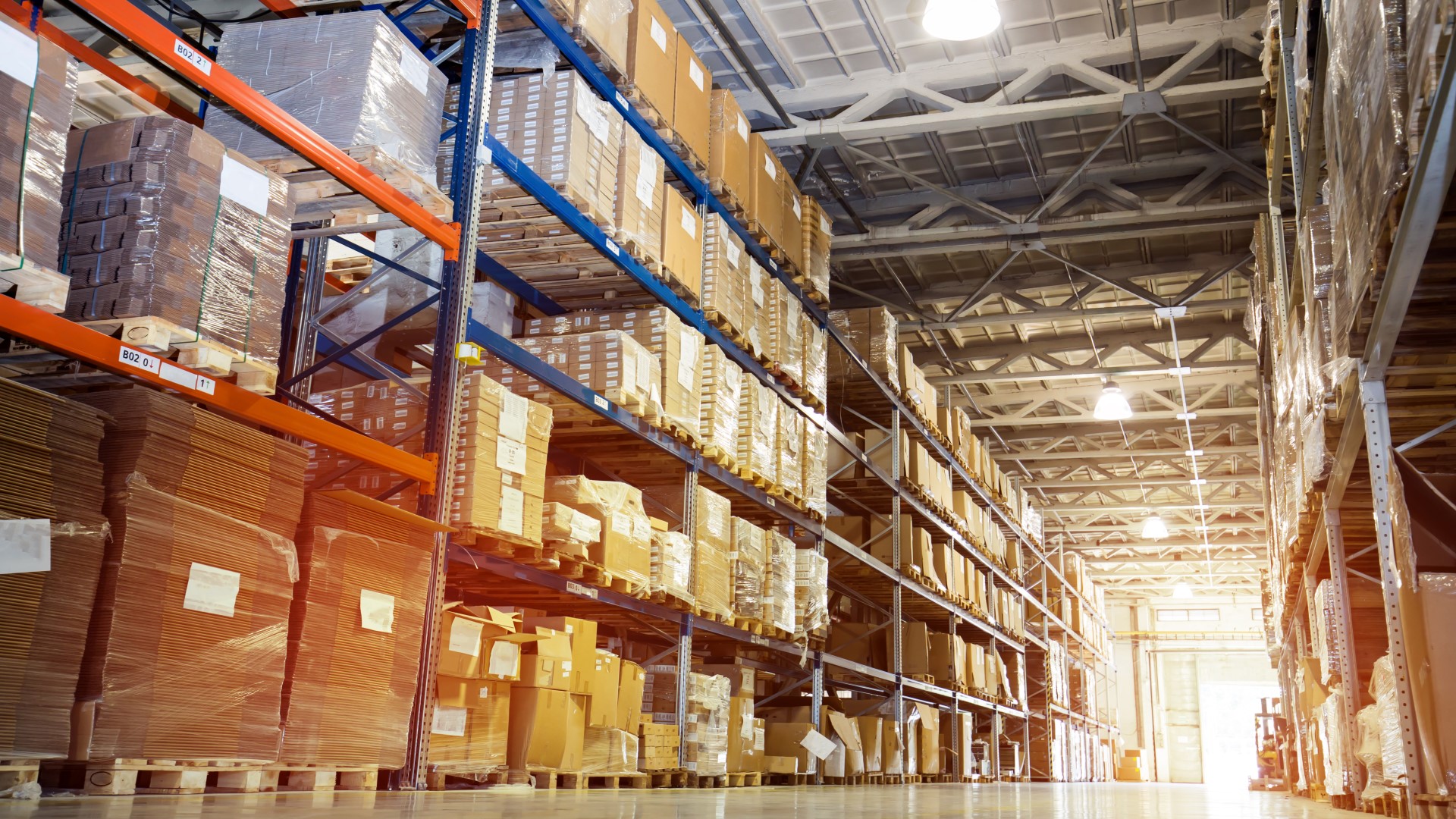 Warehouse filled with shelves of boxed goods