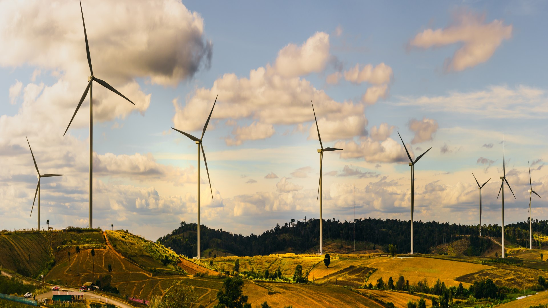 Group of wind turbines among rolling fields