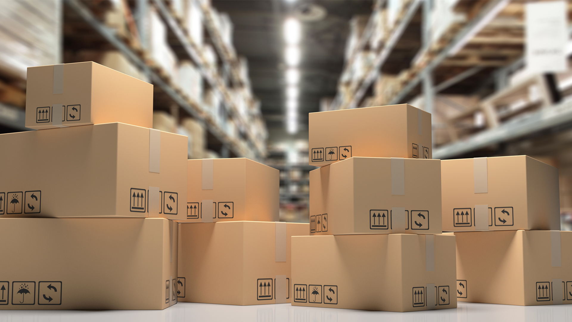 Cardboard_Boxes on Blur Storage Warehouse Shelves Background Image