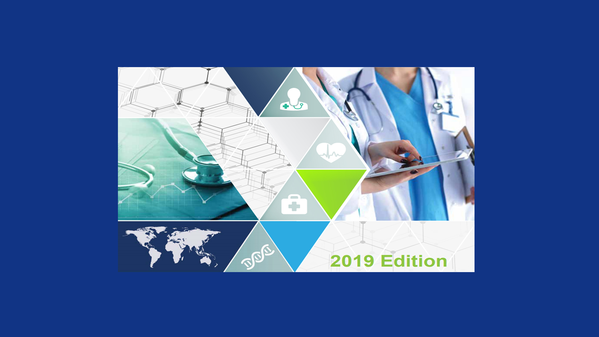 Healthcare images and logos on blue background