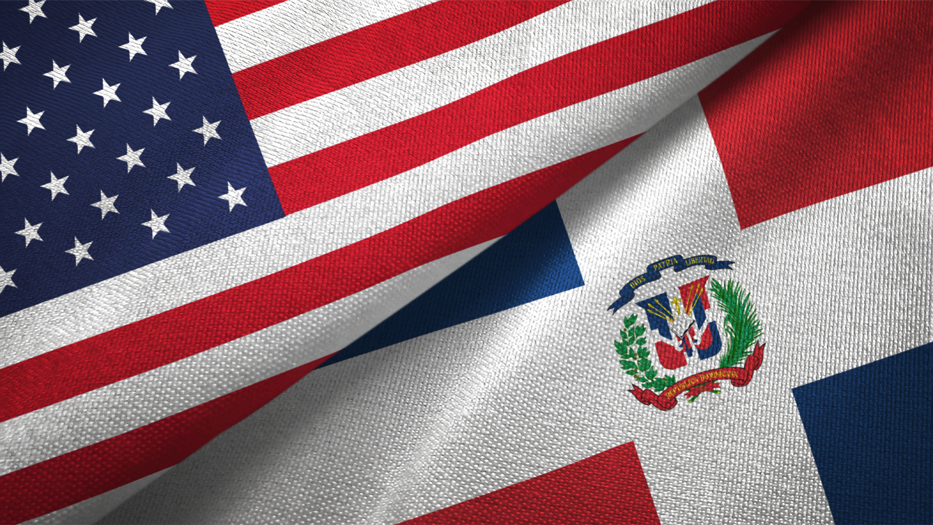 United States and Dominican Republic two flags textile cloth, fabric texture Image for Hero Box