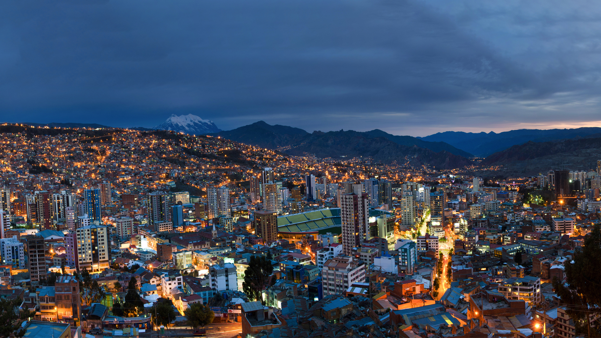 View over the city center of La Paz, Bolivia at night. Cityscape of night La Paz city Image for Hero Box