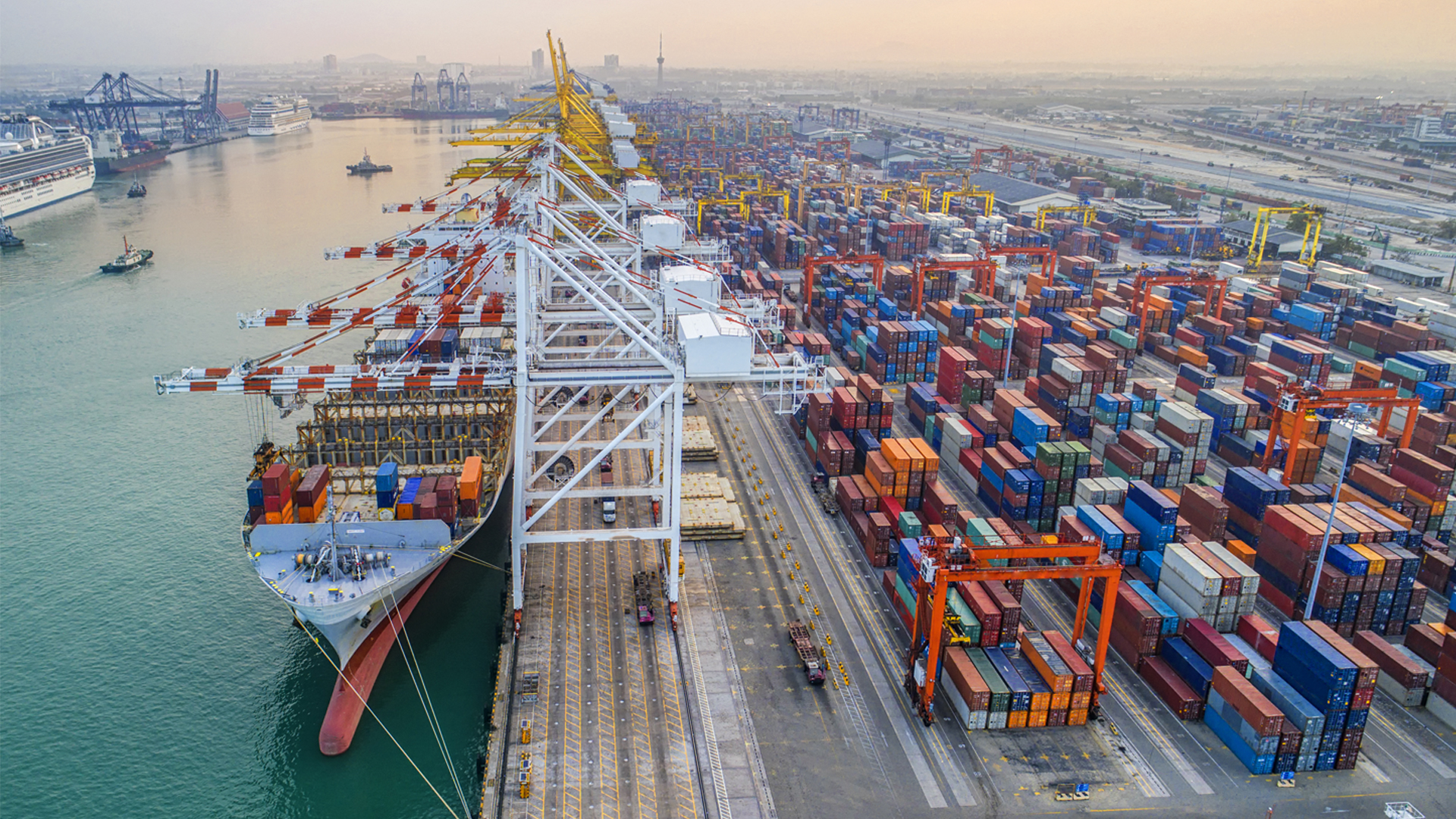 commercial vessel container ship alongside of berth in port congestion for loading and discharging containers services Image