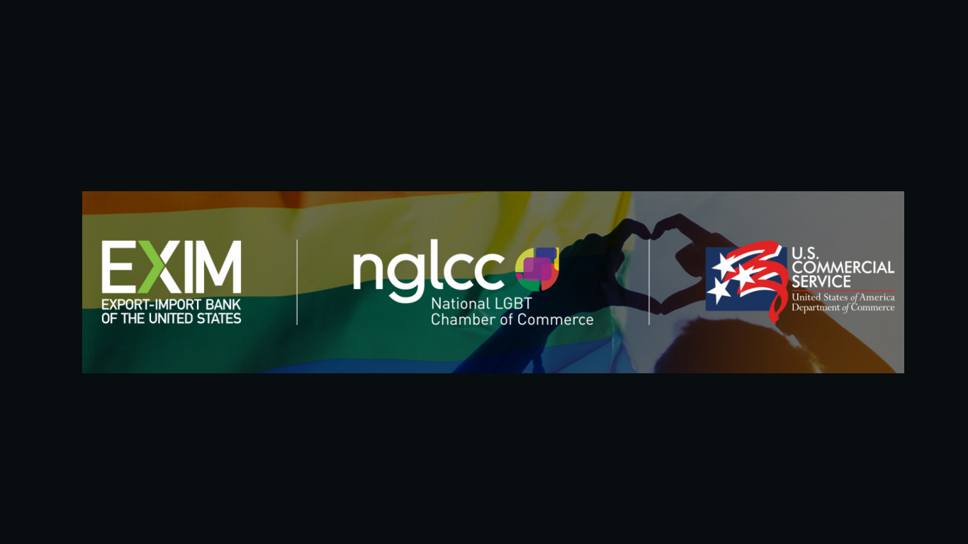 Three logos - EXIM, NGLCC and US Commercial Service - for Pride Event