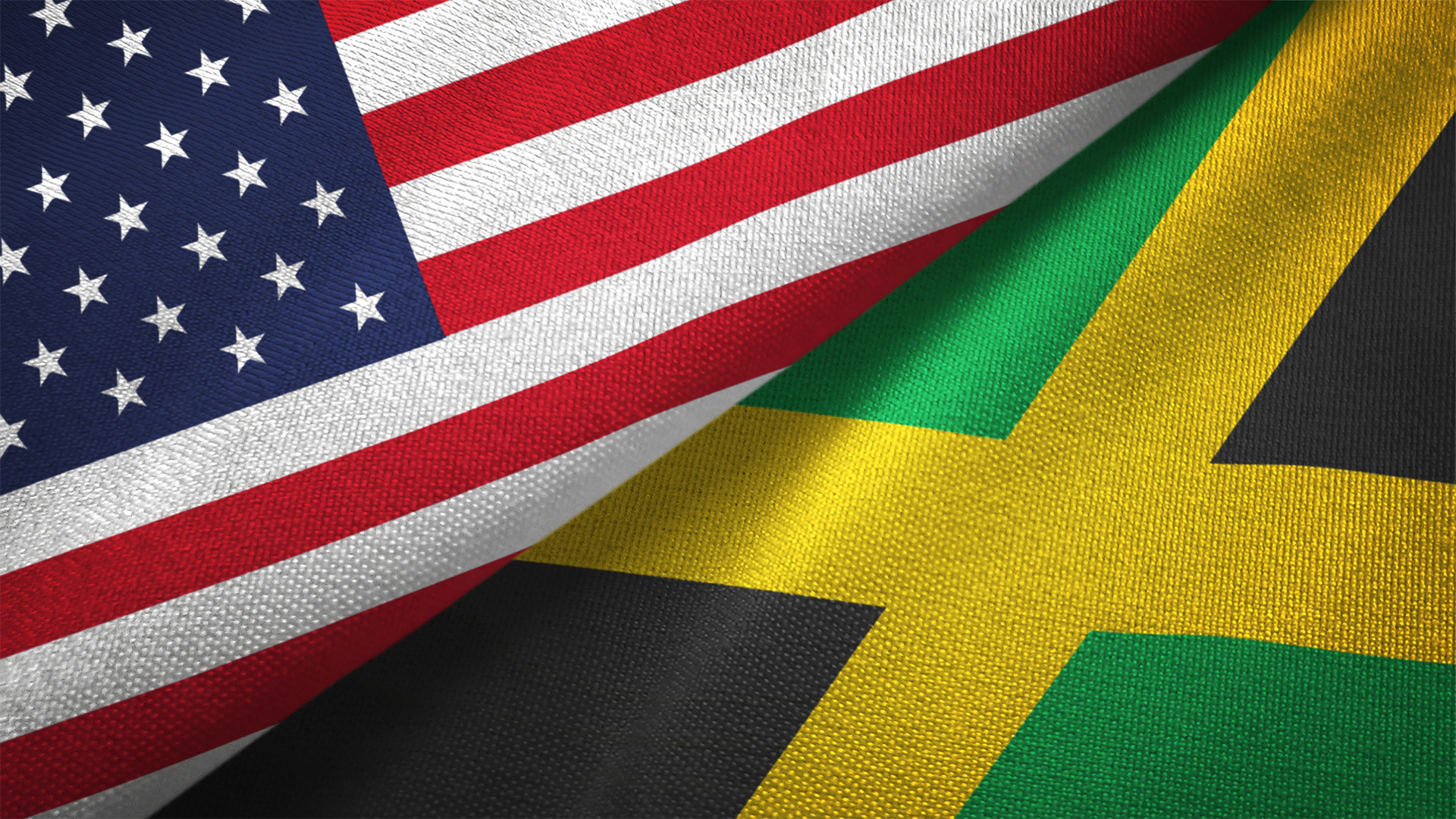 United States and Jamaica two flags textile cloth, fabric texture Image