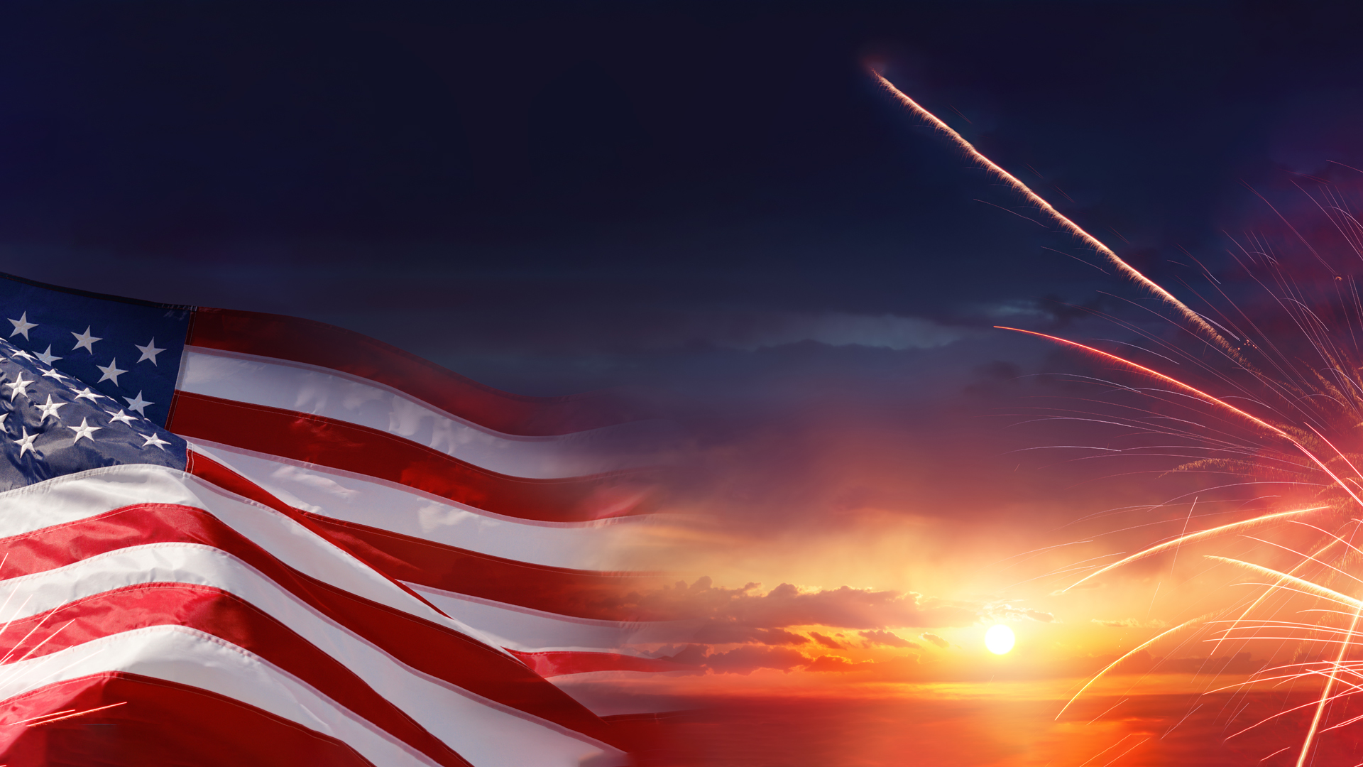 American Celebration and USA Flag And Fireworks At Sunset Image