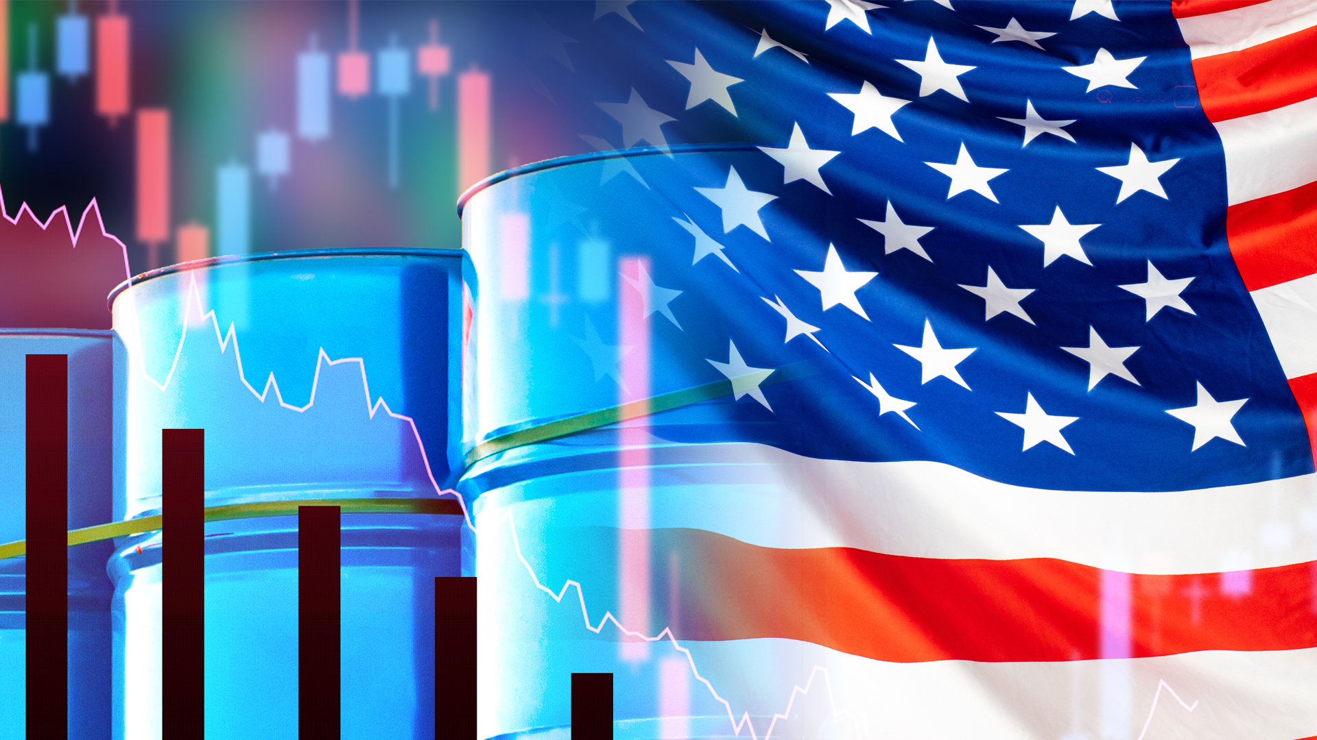 Barrels of oil next to the flag of the USA concept design graphic
