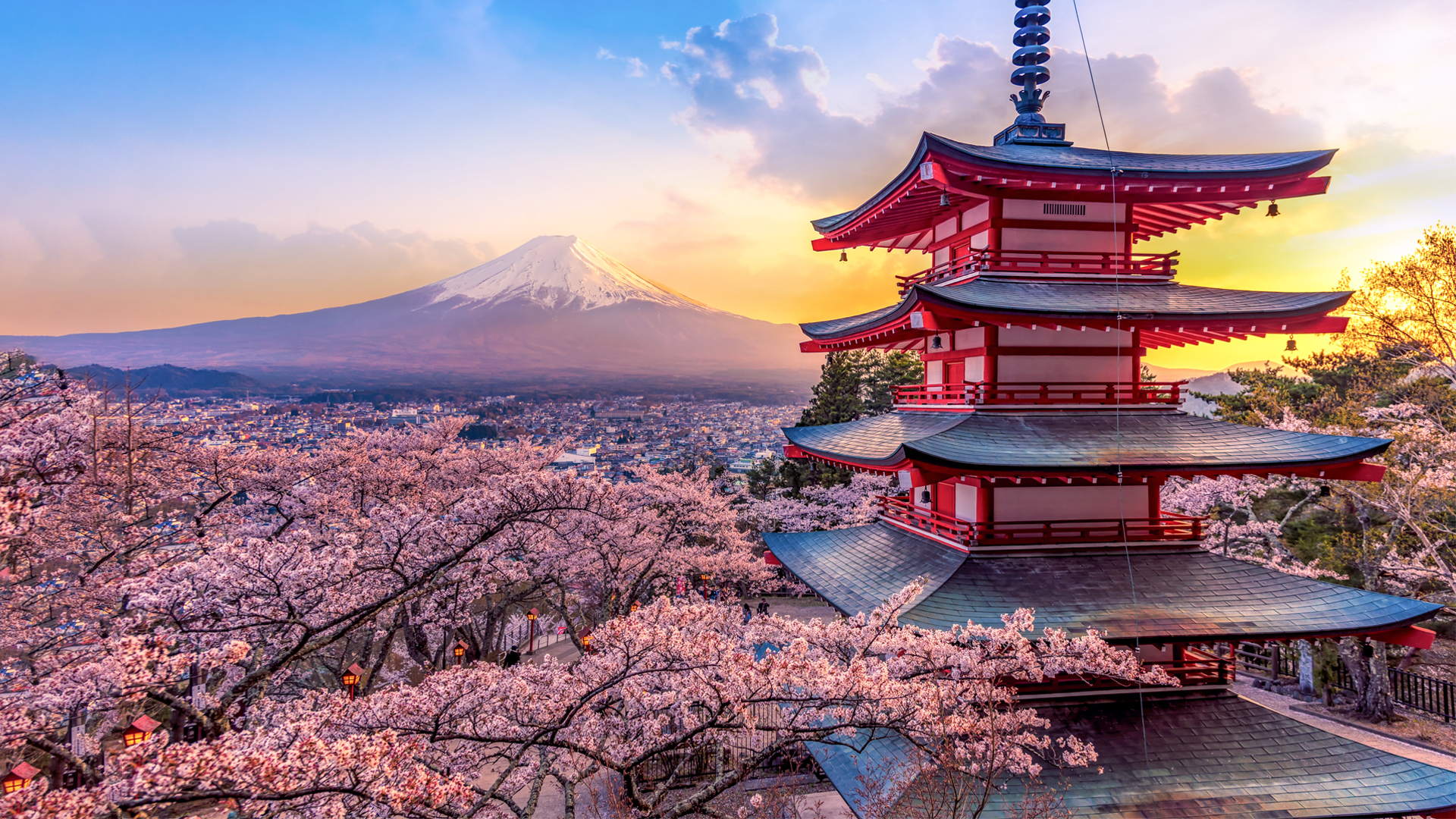 Fujiyoshida, Japan Beautiful view of mountain Fuji and Chureito pagoda at sunset image