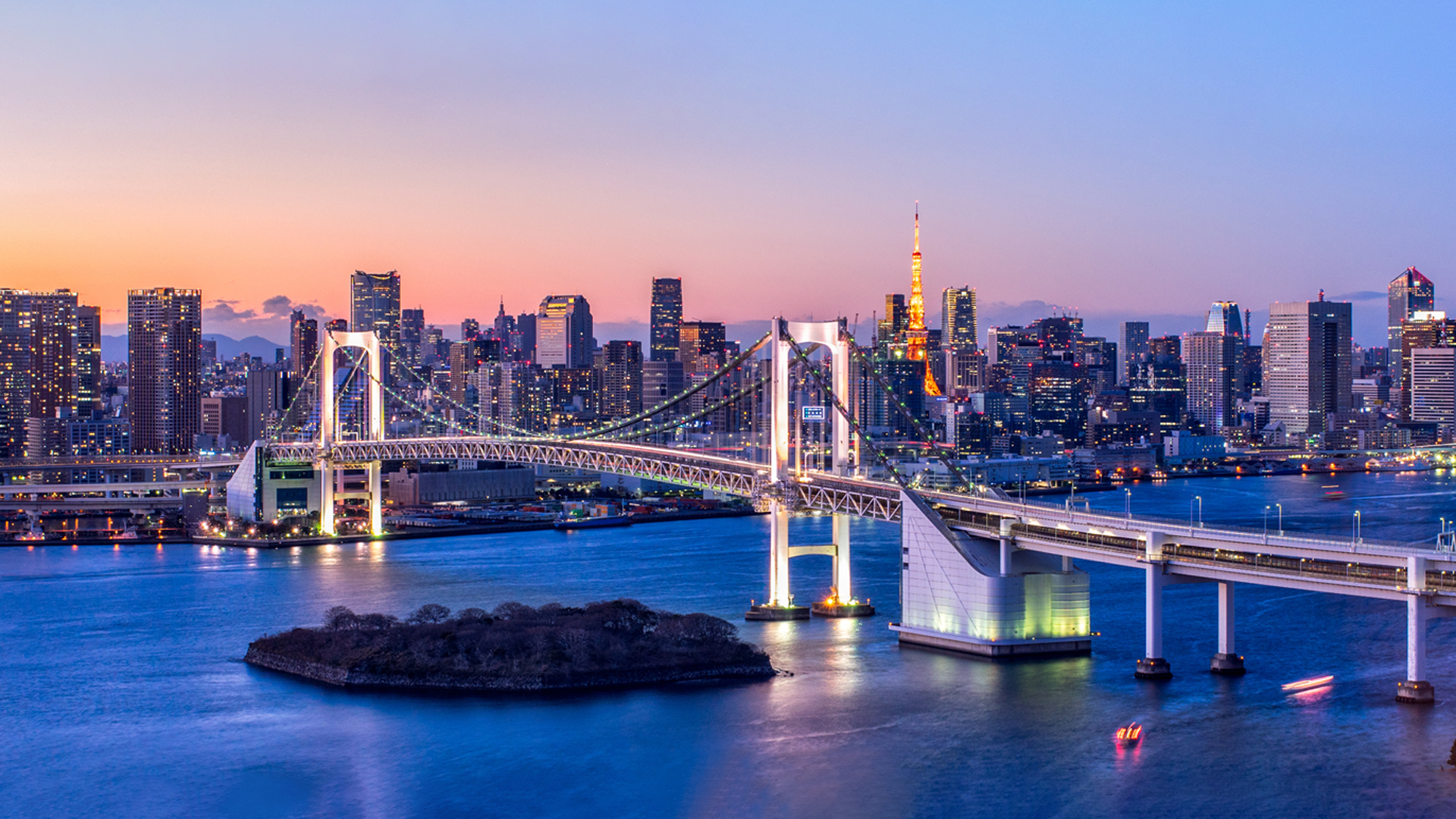 Rainbow Bridge Panorama in Tokyo, Japan at sunset image