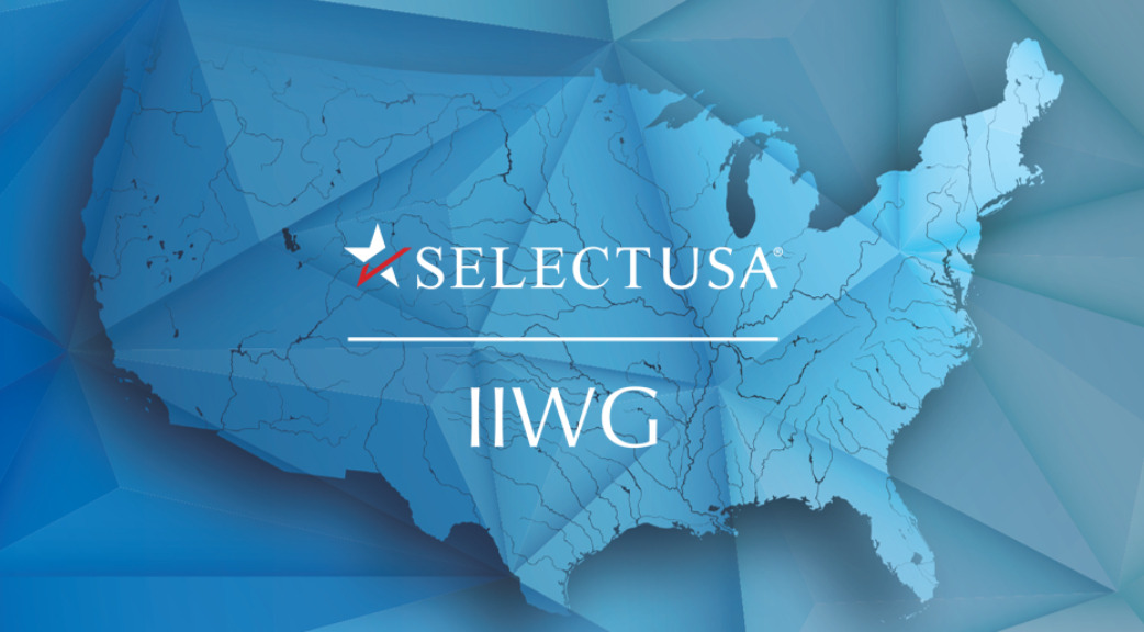 Outline of the United States with blue and white triangle overlay design. SelectUSA Logo with IIWG text in the center.