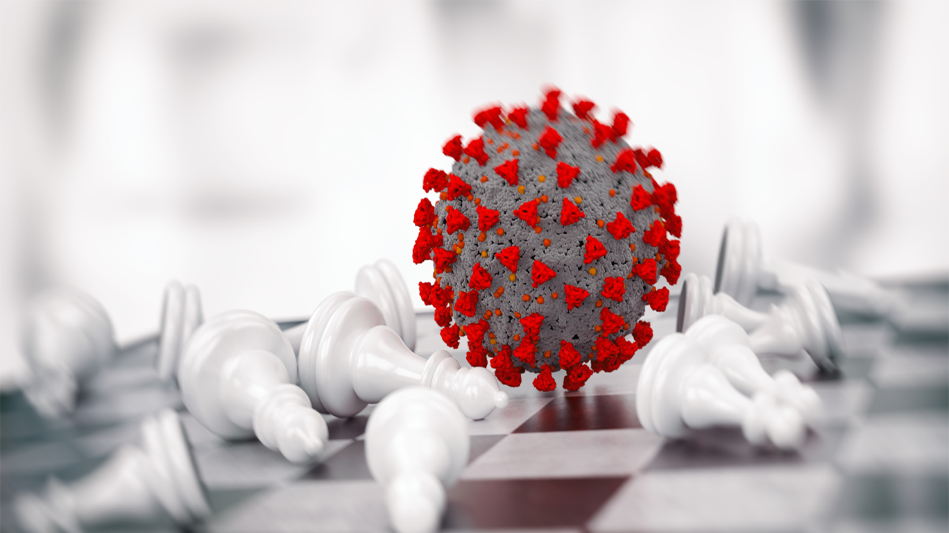 Coronavirus molecule with spikes on a chess board 