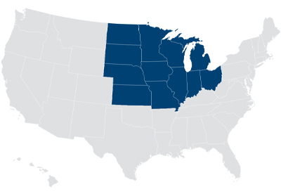 Image of the US with the MidWest states highlighted