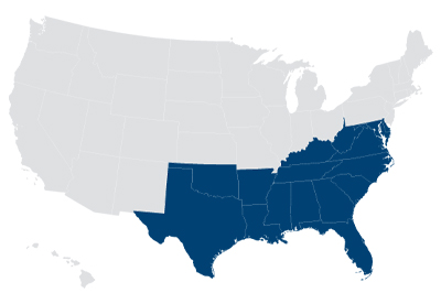 Map of the US with states in the South highlighted