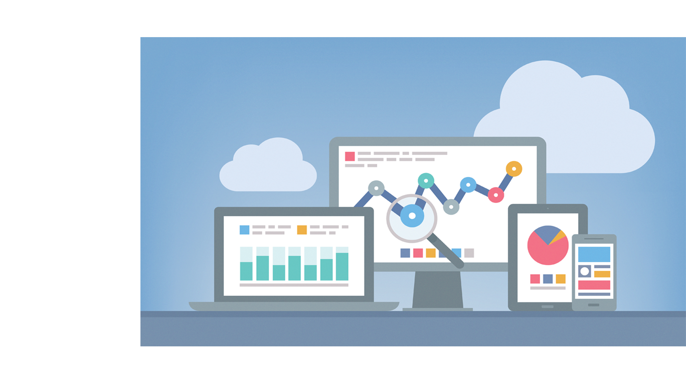 computer screens and mobile devices show charts and graphs