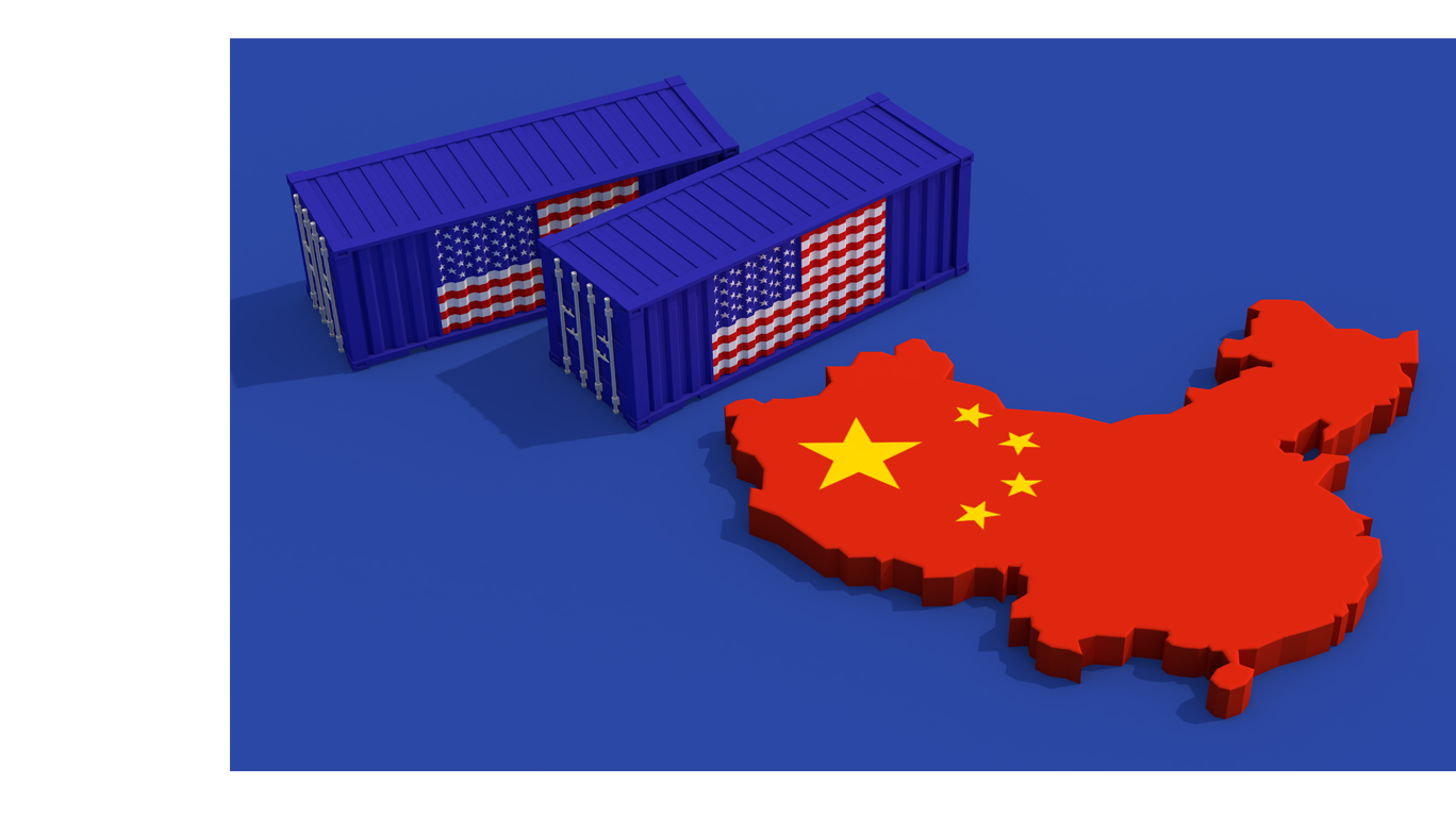 outline of china map in red with two blue cargo shipping containers with us flag