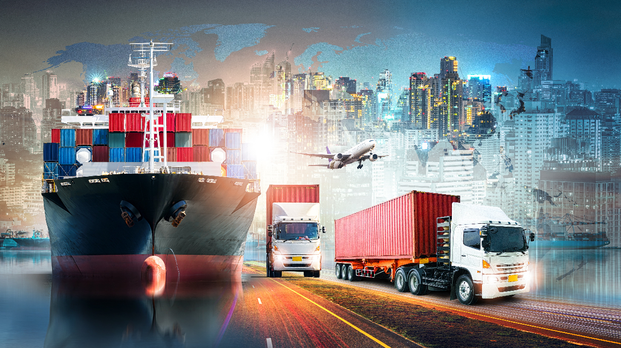 Transportation logistics, container ship, trucks, airplane, global map and city scape in background