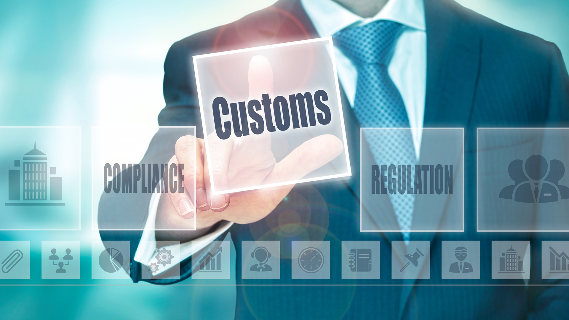 A businessman selecting a Customs Concept button on a clear screen Image