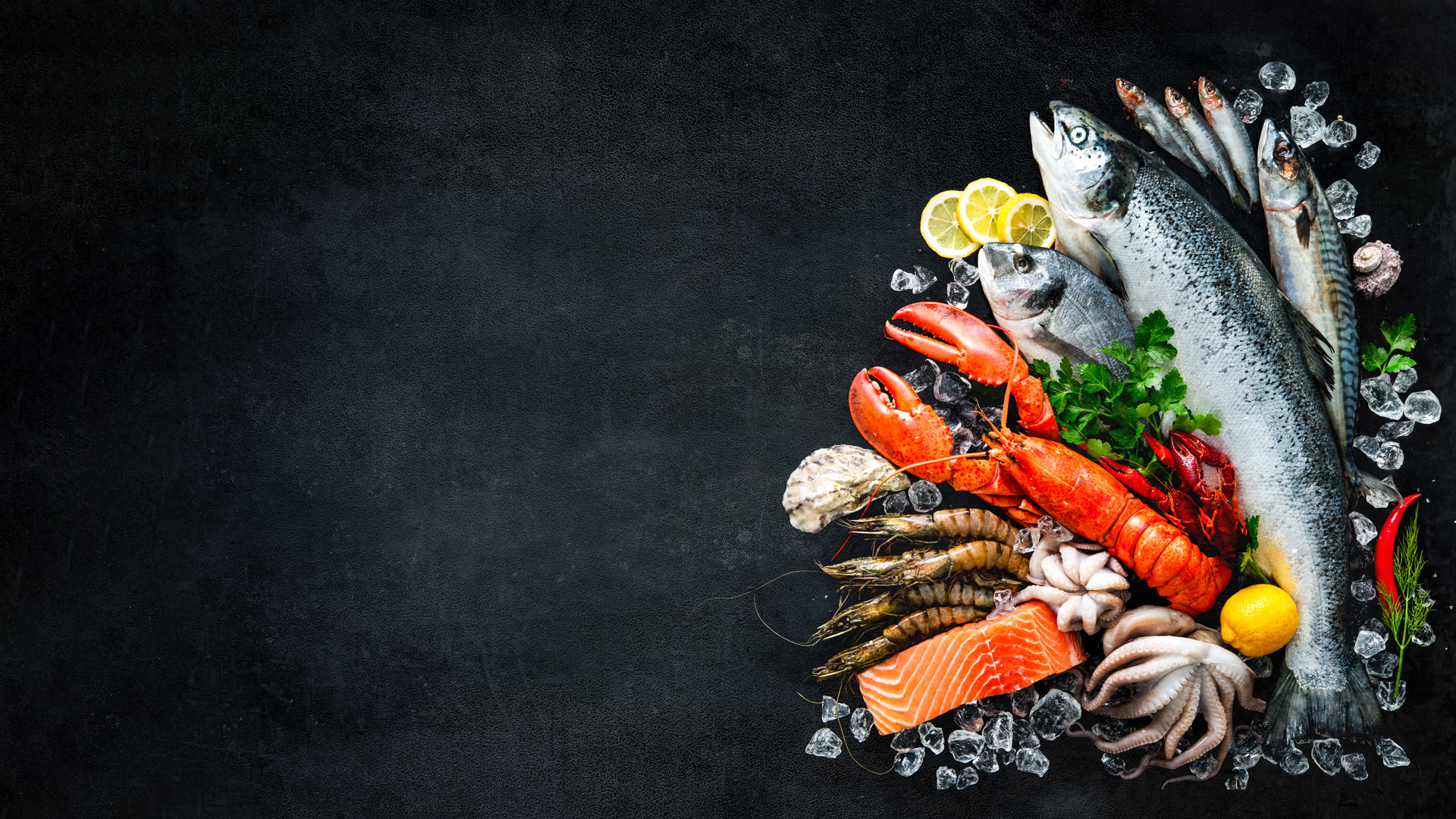 Fresh fish and Seafood on black backdrop Image