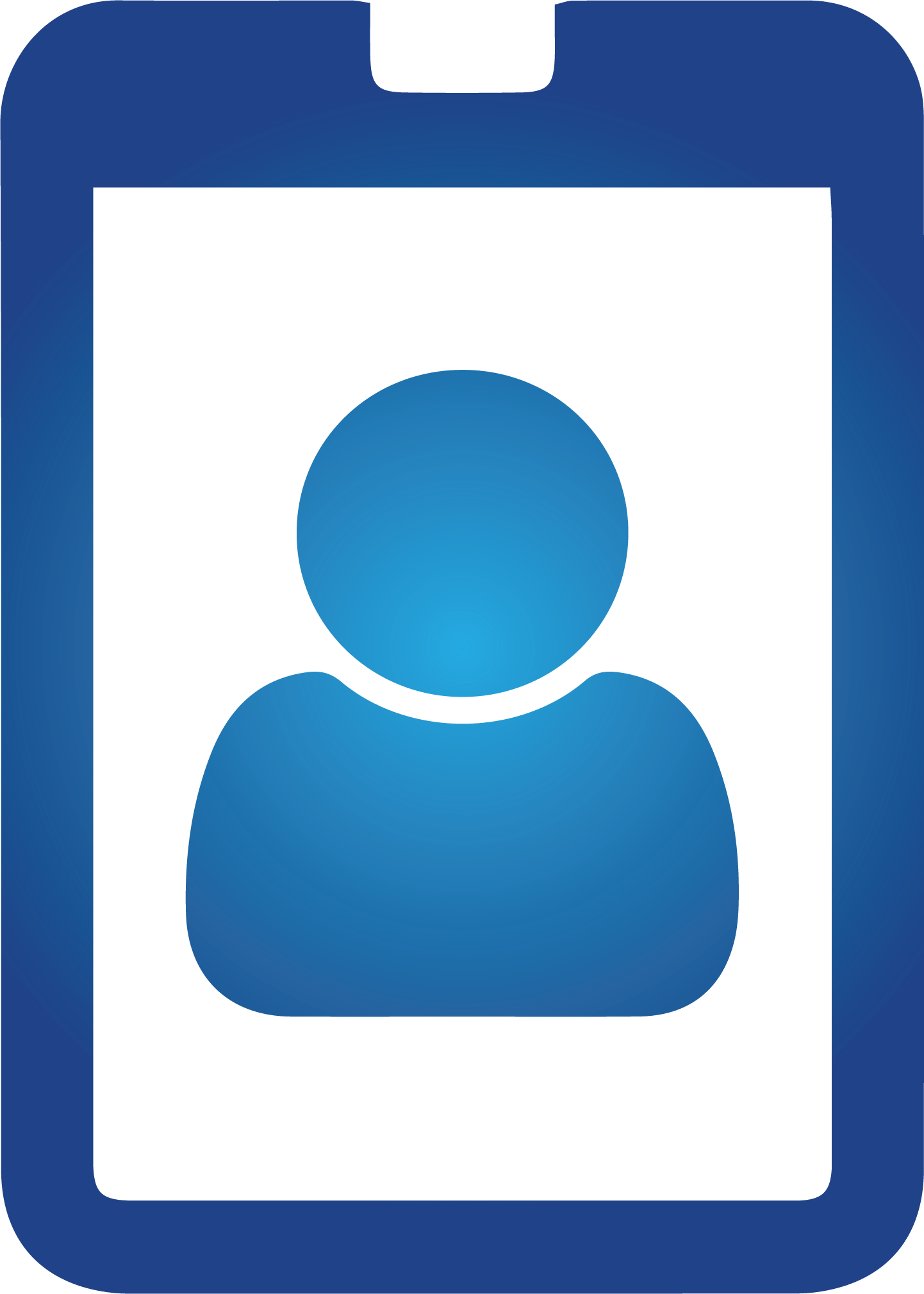 Icon of a cell phone with the outline of a person on the screen.