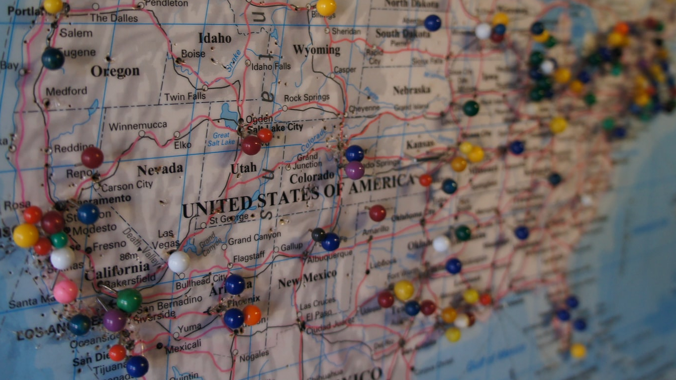Map of the U.S. and multicolored pins to highlight locations.