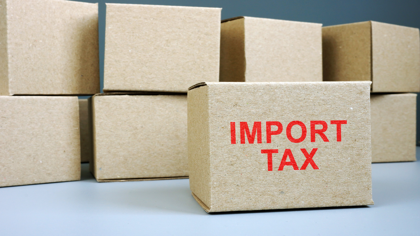 Brown box with red colored Import Tax label