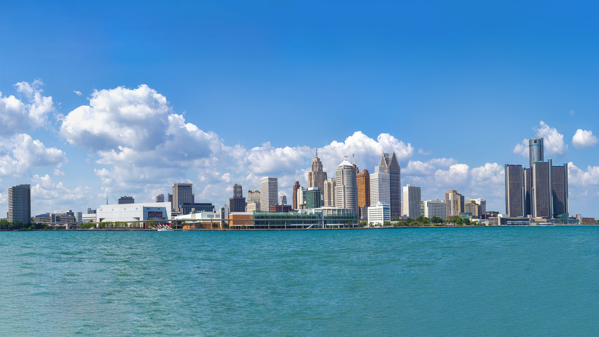 Panoramic view of Detroit skyline from Windsor, Ontario Canada