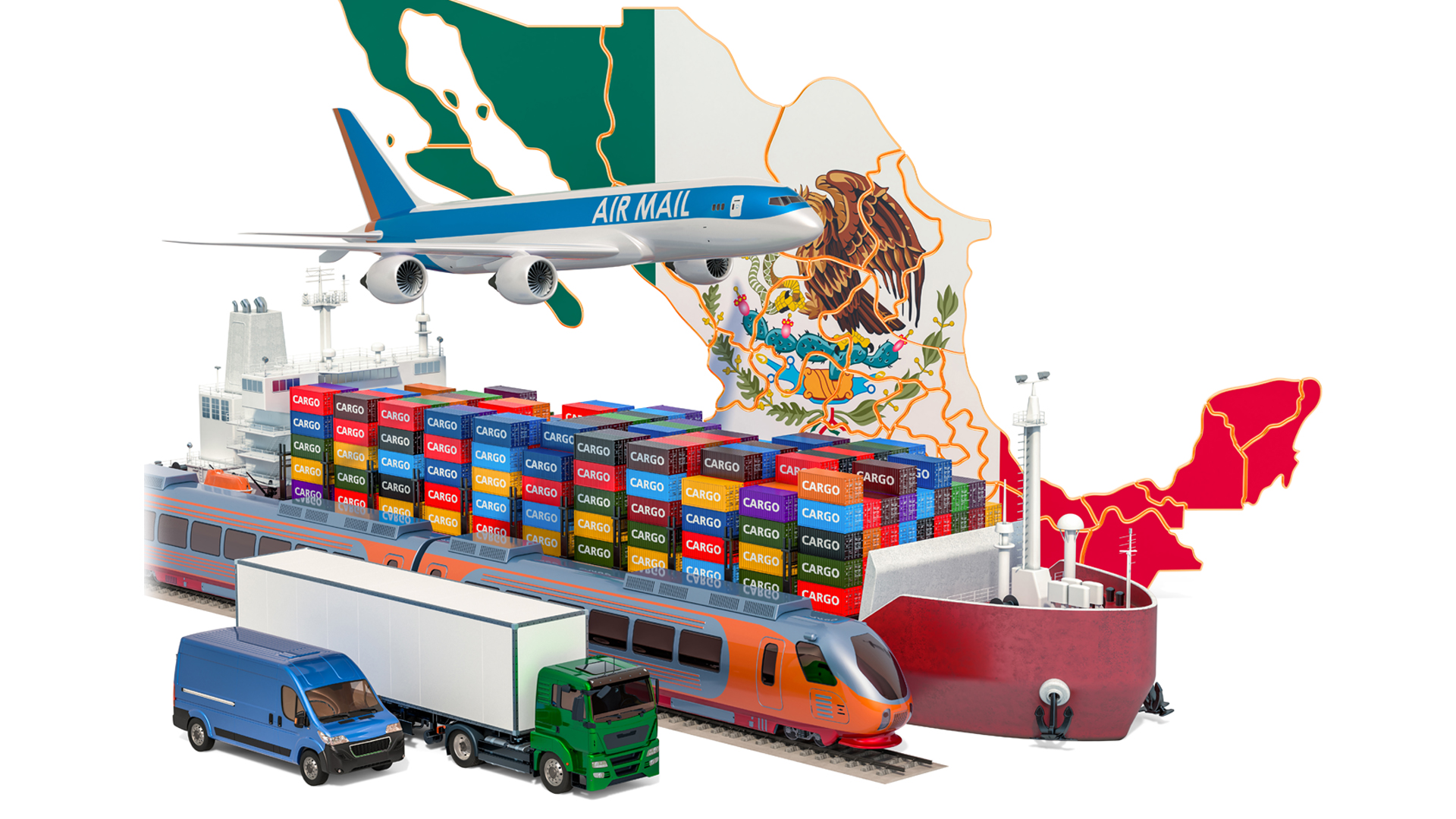 Cargo shipping and freight transportation in Mexico by ship, airplane, train, truck and van. 3D rendering graphic
