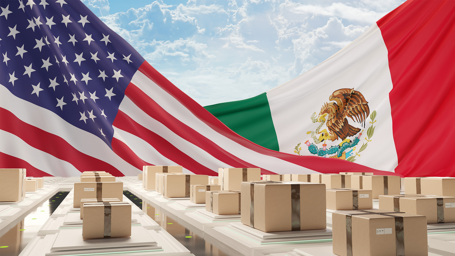 U.S. flag overlap the Mexico flag with Postal Packages under the sky