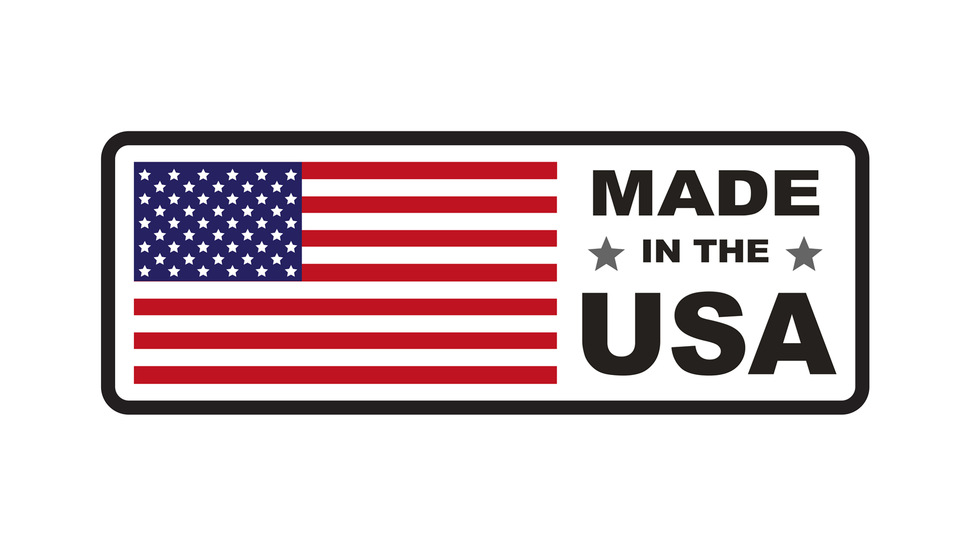 The United States of America flag with the words in black Made in USA to the right of the USA flag.