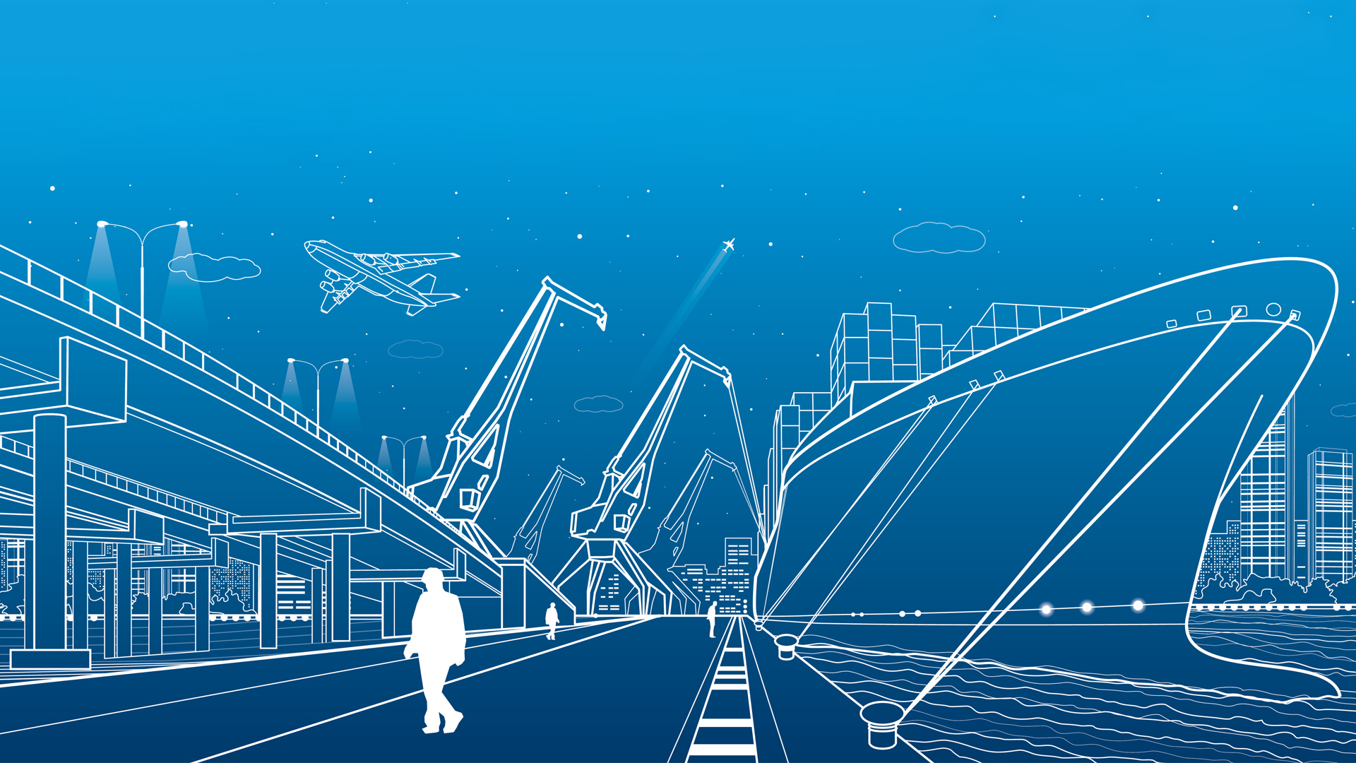 Transportation and industrial panorama. Cargo ship loading, boats on the water, sea harbor. Transport overpass, highway, urban scene, airplane fly, night city, people go on the pier. Vector design art image