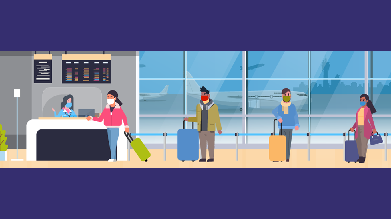 masked people at the airport getting ready to travel