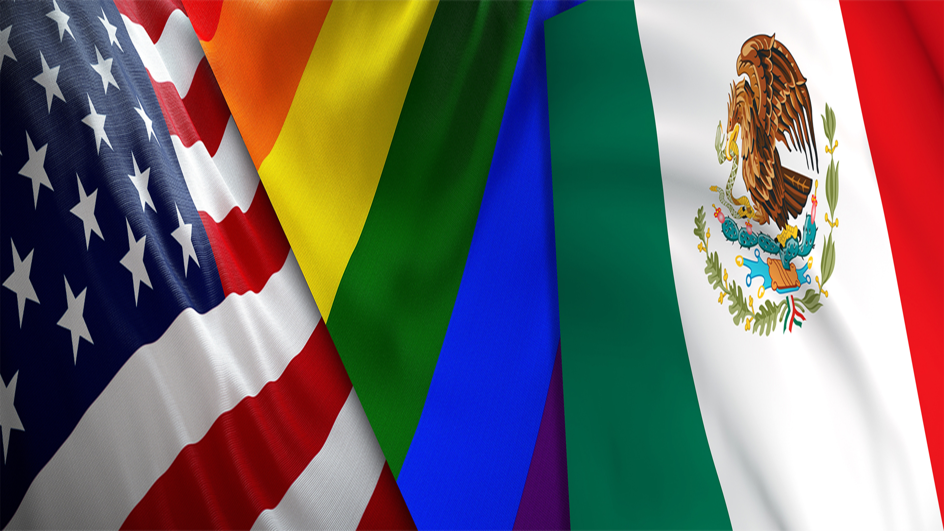 United States, Pride, and Mexico Flag overlapping each other in an image.