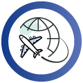 icon with graphic of world with airplane