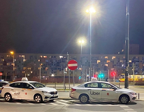 Uber cars picking up refugees for free rides from Warsaw East railway station.